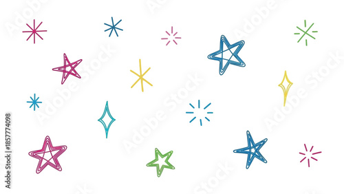 Celestial Symphony: An array of vibrant, hand-drawn stars, each a unique expression of color and form, dance playfully against a pristine backdrop, creating a whimsical and enchanting atmosphere.