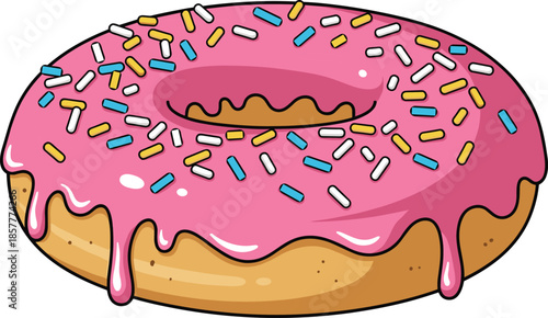Cartoon donut with pink icing and colorful sprinkles, golden-brown base, appetizing dessert illustration, vector artwork