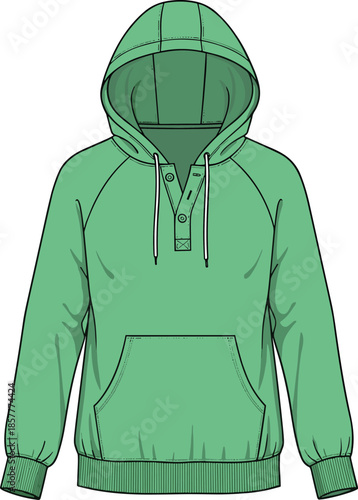 Flat vector illustration of green hooded sweatshirt with buttoned placket, drawstring hood, raglan sleeves, and front pocket