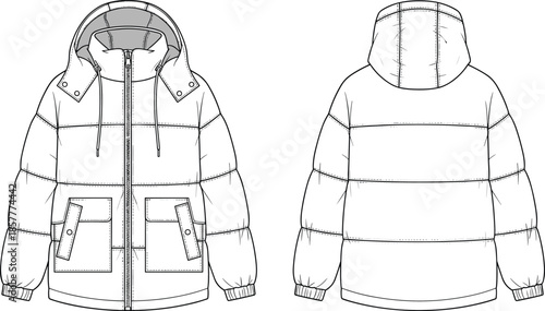 Technical flat sketch of hooded puffer jacket with zipper, flap pockets, drawstring hood, and stitched paneling, front and back views