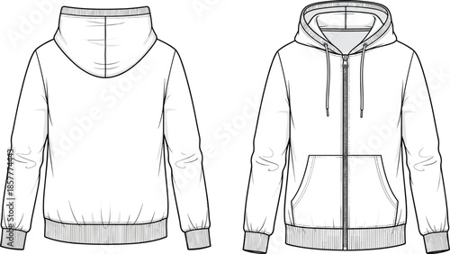 Technical flat sketch of hooded zip-up sweatshirt with drawstring hood, front pockets, ribbed cuffs and hem, front and back views