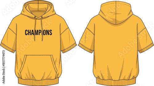 Technical flat sketch of yellow short-sleeve hoodie with “CHAMPIONS” print, front pocket, drawstring hood, front and back views