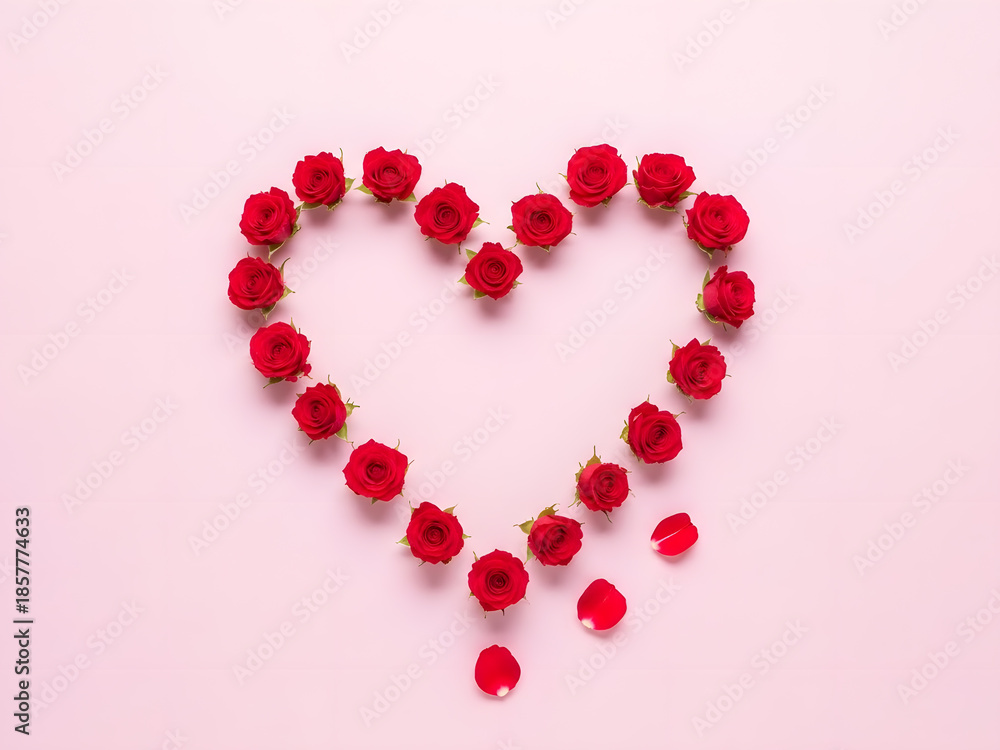 Fototapeta premium Heart Shape Made of Red Roses on Soft Pink Background Romantic Floral Concept