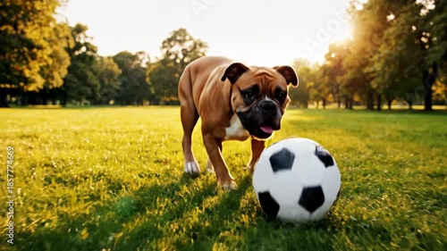 Dog Playing Soccer in Park During Golden Hour Sunlight.