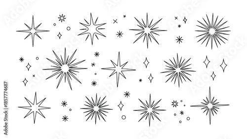 Twinkling Celestial Ornaments: a collection of radiant star illustrations, each uniquely rendered with elegant lines and delicate details, captures the allure of the cosmos