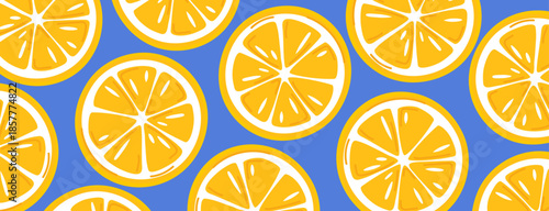 Bright summer background with juicy yellow lemon slices. Fresh citrus fruit pattern on blue for cafe menus and kitchen decor. Vibrant vector flat illustration