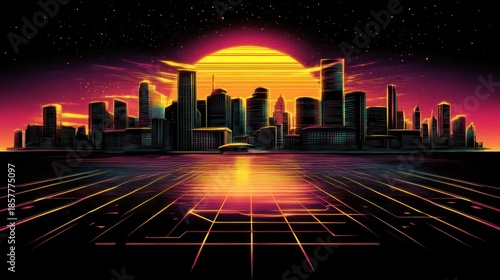 Retro city sunset, futuristic cityscape, neon grid, digital art, website banner