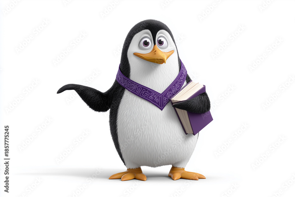 Fototapeta premium Cartoon Mascots for Business Wise Professor Penguin 3D Character Holding a Book and Wearing a Purple Academic Stole