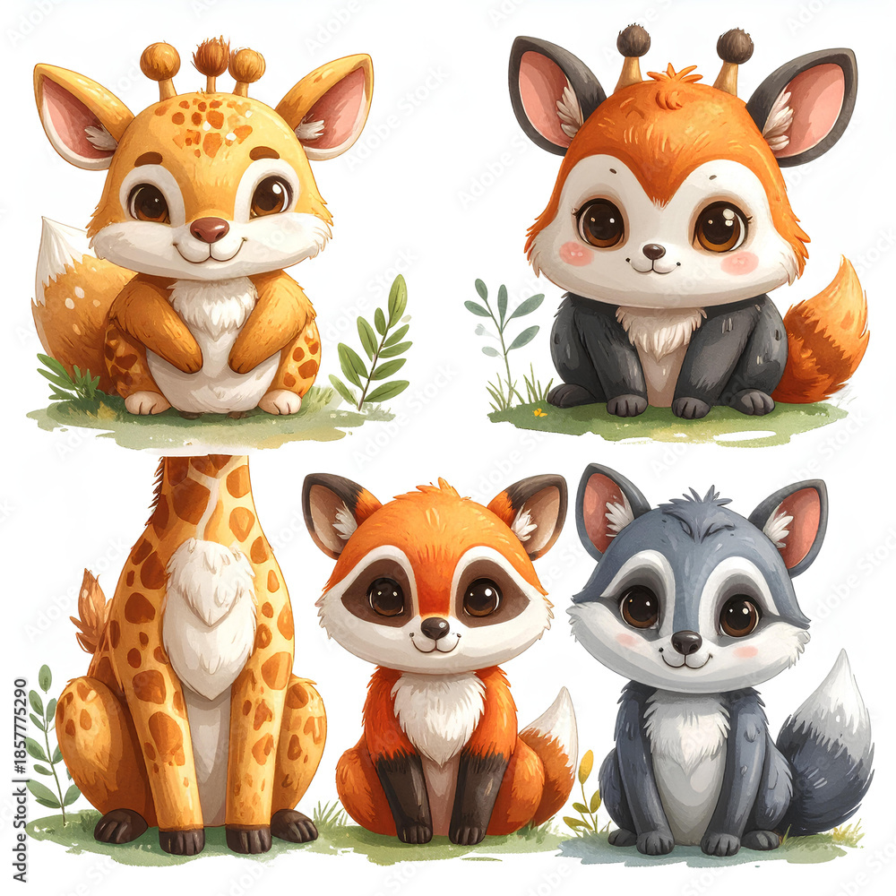 Fototapeta premium Cartoon animals in cute poses, PNG, white background