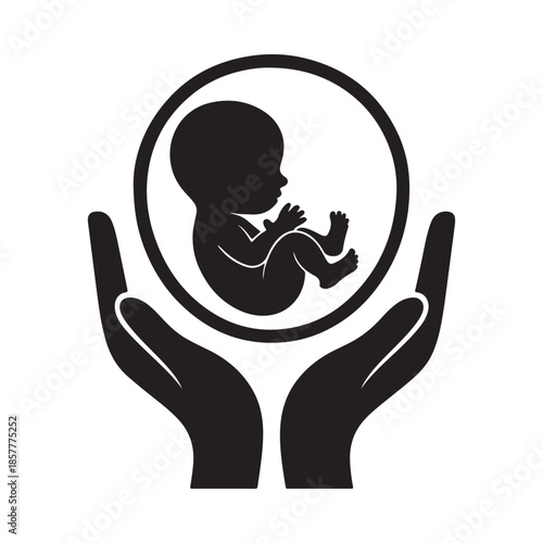 A protective symbol depicting a fetus cradled within two hands representing care and life