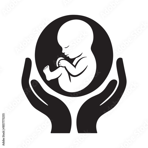 A protective embrace hands cradling a fetus within a circular symbolic representation