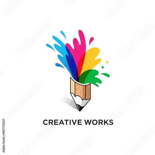Vibrant pencil with colorful paint splashes representing creative works
