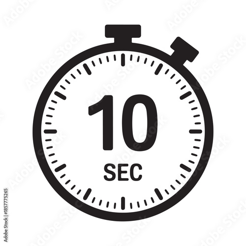 A simple black stopwatch graphic displays ten seconds indicating time measurement or countdown
