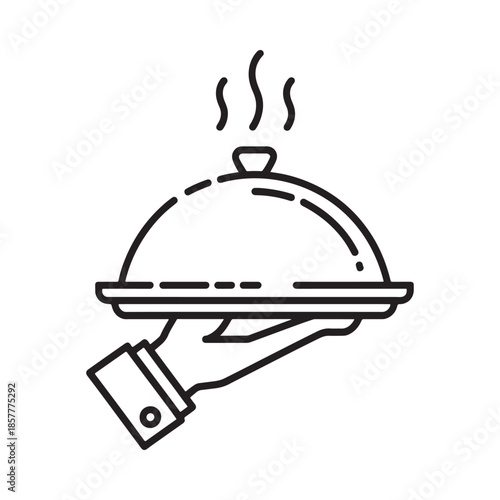 A simple line drawing depicting a waiter serving a covered dish on a platter