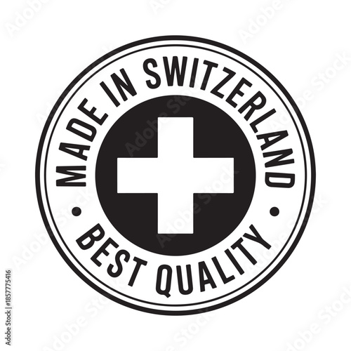A circular emblem displays made in switzerland and a white swiss cross on a black background