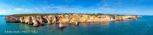 Aerial panorama from the famous beach Priaia Da Marinha in the Algarve Portugal