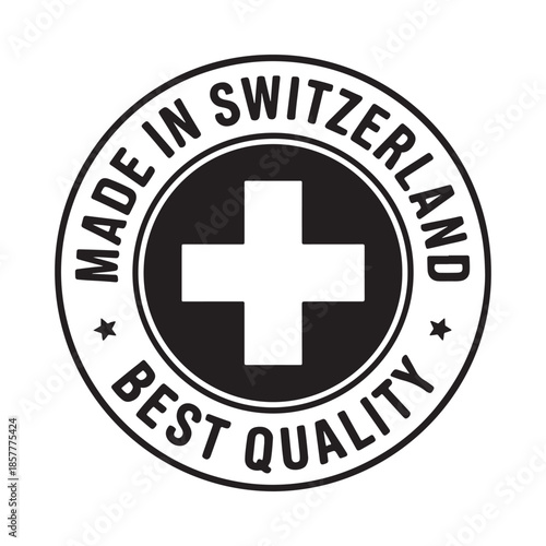 A circular badge displaying made in switzerland and a white swiss cross on a black background