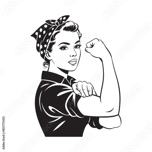 Vintage illustration of a determined woman flexing her bicep embodying strength and resilience