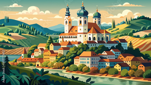 Very beautiful view of Benedictine Melk Abbey towering above the Danube River, showcasing baroque architecture, rolling vineyards, and tranquil landscapes of Austria’s historic Wachau Valley.