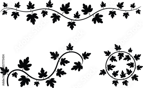 Black grapevine border vector set, decorative vine leaf silhouettes and circular wreath for ornamental design