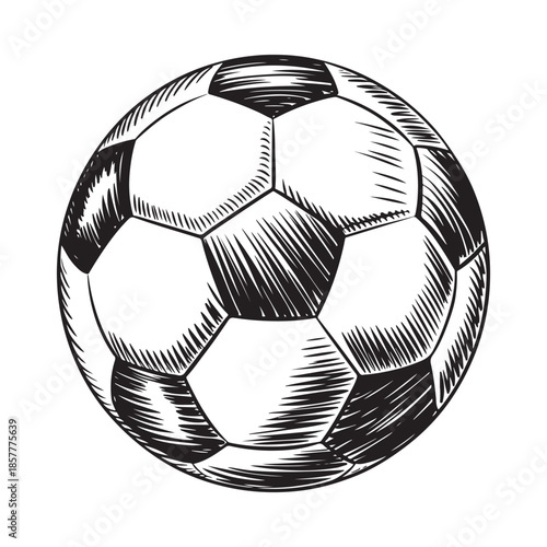 A detailed black and white sketch depicts a classic soccer ball with traditional pentagon and hexagon panels