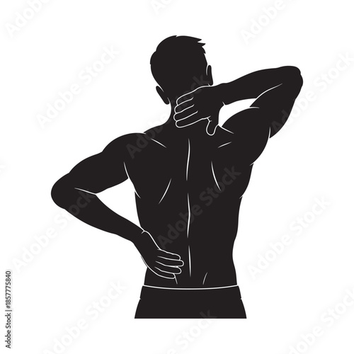 Silhouette of a muscular man experiencing back and neck pain highlighting discomfort and physical strain