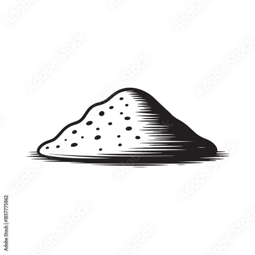 A simple monochromatic illustration depicts a pile of granular material resembling salt or sugar