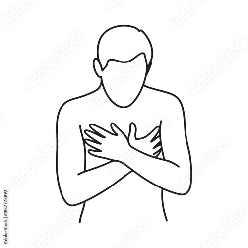 A simple line drawing depicts a person clutching their chest symbolizing heart pain or distress