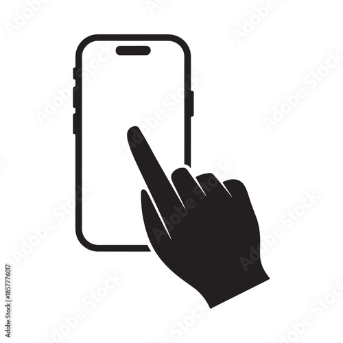 A black and white illustration depicting a hand interacting with a smartphone touchscreen
