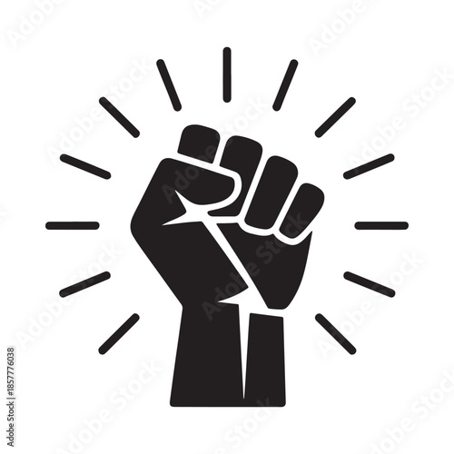 A black silhouette of a clenched fist raised upwards with radiating lines around it