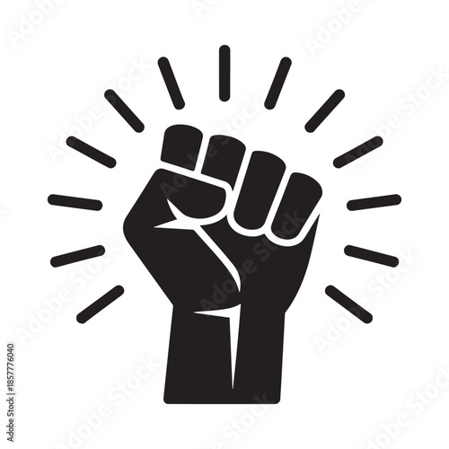 A raised black fist with radiating lines symbolizes strength solidarity and resistance against oppression