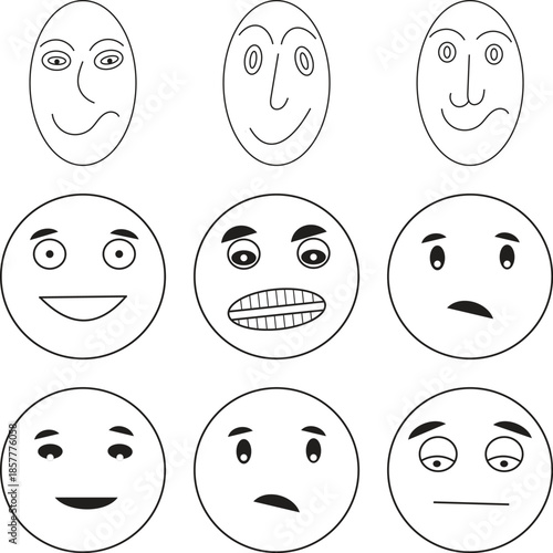 Set of nine simple handdrawn facial expressions depicting a range of emotions like happiness sadness and surprise in a minimalist style