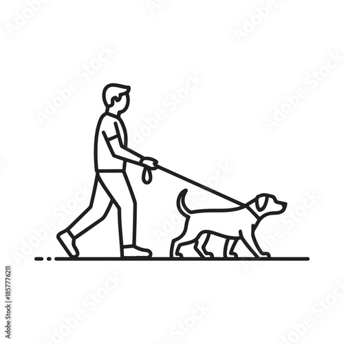 A simple line drawing depicts a person walking a dog on a leash outdoors
