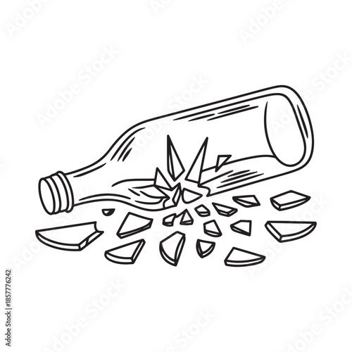 A detailed black and white sketch depicts a shattered glass bottle lying on a flat surface