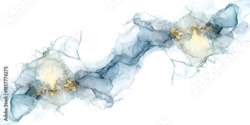 Abstract ethereal flow of blue ink with golden accents