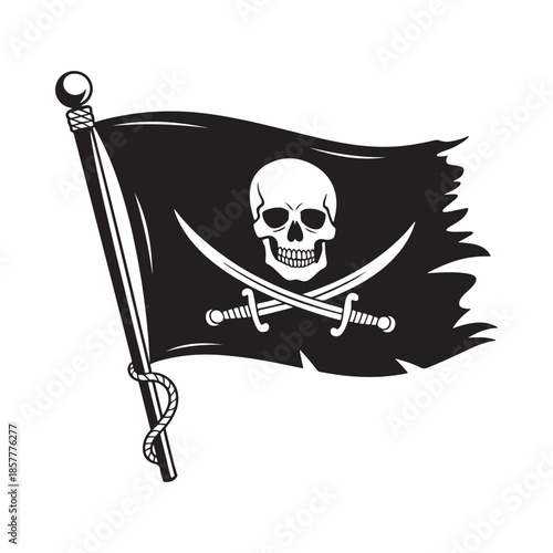 A classic depiction of a pirate flag featuring a white skull and crossed swords on black