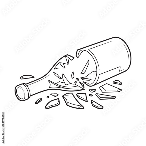 A detailed illustration depicts a shattered glass bottle with fragments scattered around it