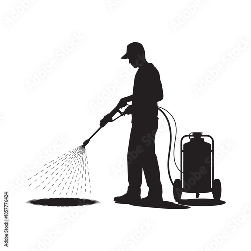 A silhouette of a worker spraying a liquid onto the ground with a pressure washer