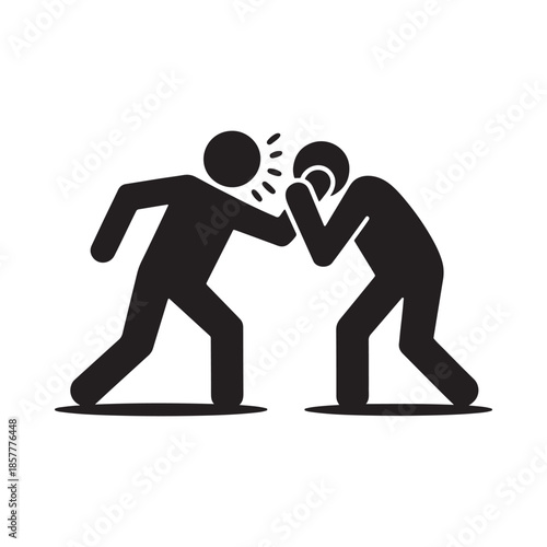 A black silhouette depicts a violent physical altercation between two human figures showing a punch