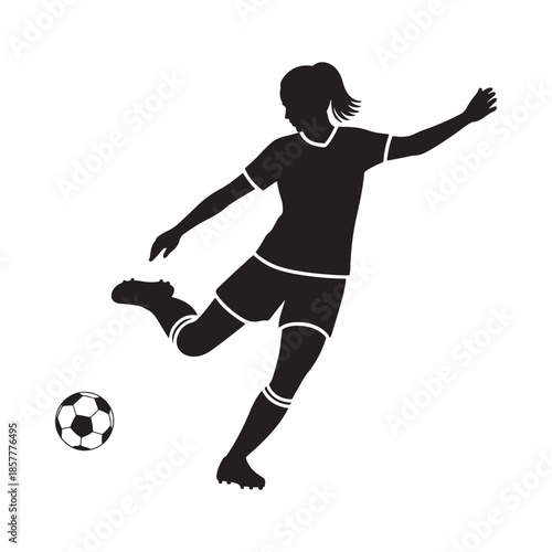 A dynamic silhouette of a female soccer player in action kicking the ball with strength