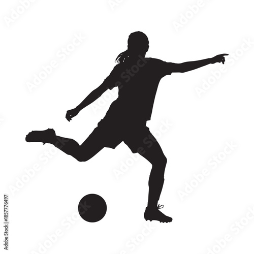 A dynamic silhouette of a soccer player in motion poised to kick the ball powerfully