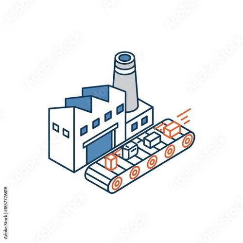 Industrial factory production line with conveyor belt and smokestack