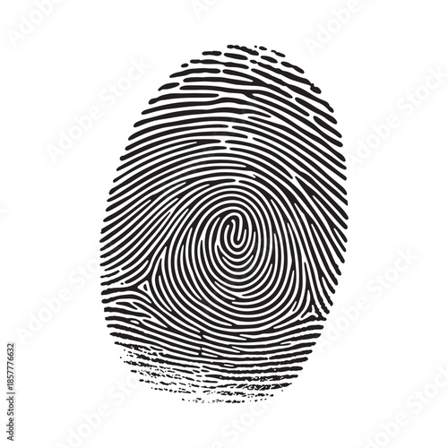 A detailed black and white illustration of a single human fingerprint with swirling ridges