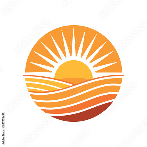 Minimal flat logo of a sunrise over rolling fields and water, warm orange sun rays,