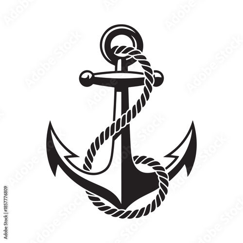 A classic black and white depiction of a maritime anchor with coiled rope details
