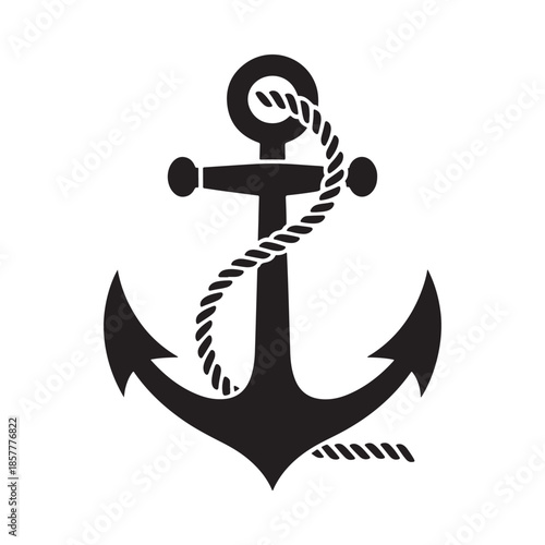 A simple black and white illustration depicts a classic nautical anchor with twisted rope