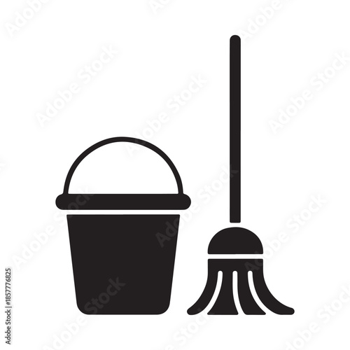 A simple black and white illustration depicting a bucket and a broom for cleaning purposes