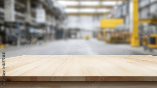 Wallpaper Mural Minimalist image of a wooden surface, set against a blurred backdrop of a warehouse. Ideal for showcasing products with a clean, industrial feel. High-quality resolution. Torontodigital.ca