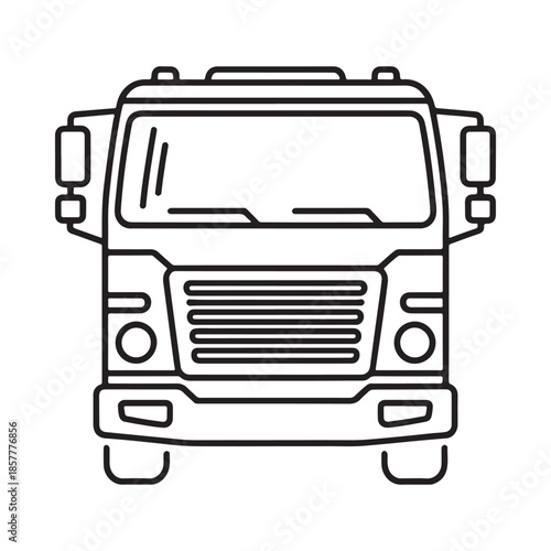 Simple line drawing of a large front facing truck cab with detailed features