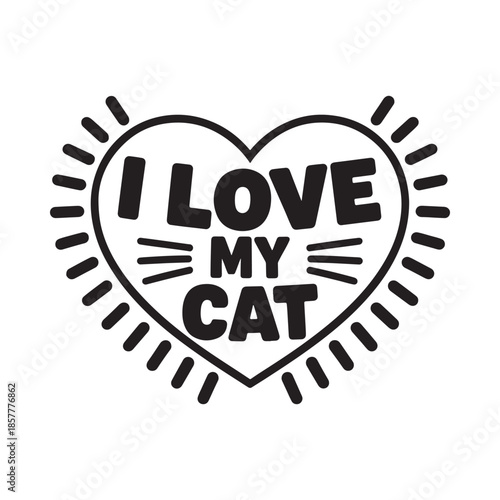A black and white heart shaped graphic displaying the phrase i love my cat with radiating lines